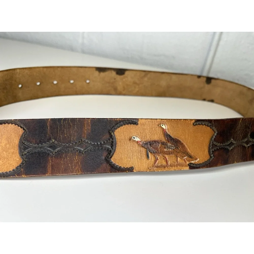 Steven L Knight Buckle Solid Bronze w/ Burned Leather Belt Turkey Bear Deer Hunt